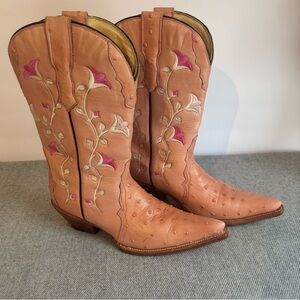 Pink Ostrich Western Cowboy Boots Rudel Floral Embroidered Vintage Rodeo Size 6
